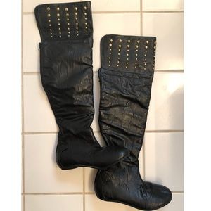 Black over the knee flat studded boots